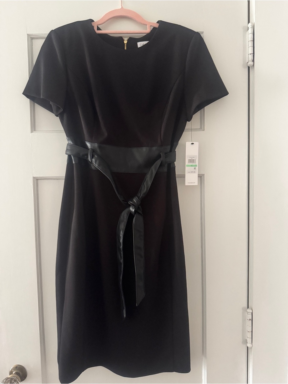 Calvin Klein Black Midi Sheath Dress with Faux-Leather Tie